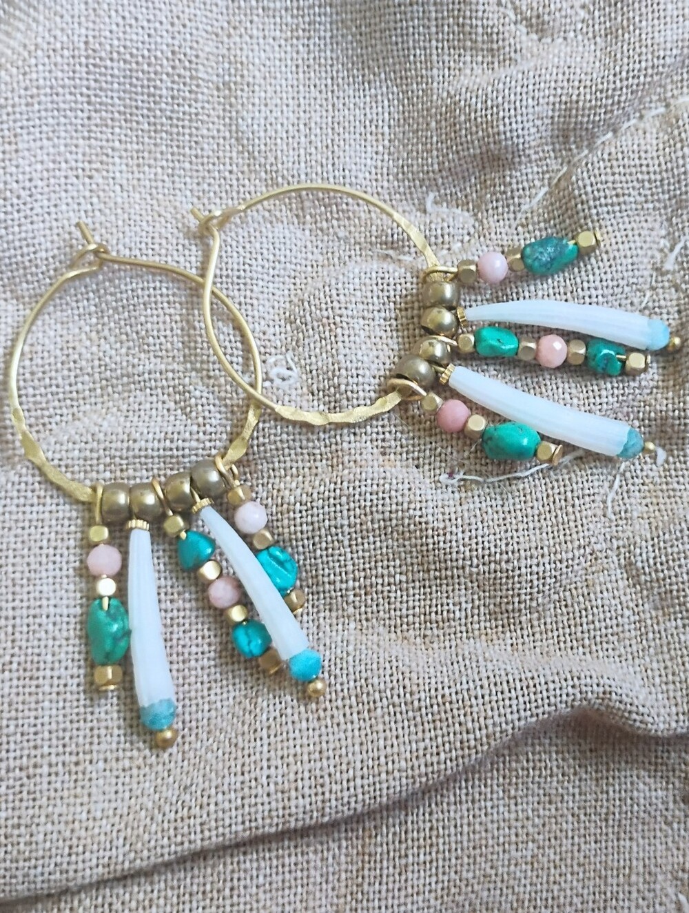 Handmade Tusk Shell, Turquoise, and Pink Opal Hoops
